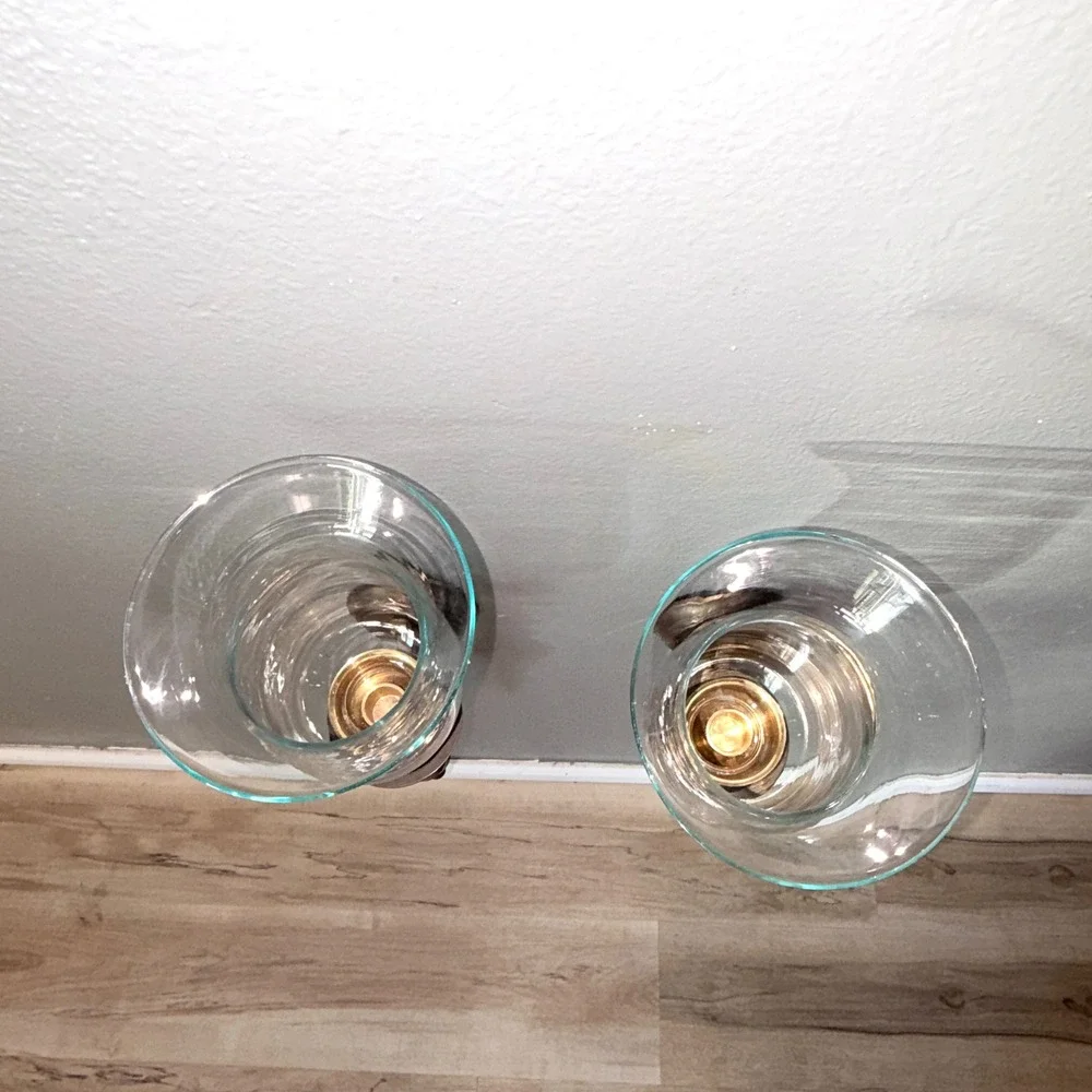 Pair of Vtg Antique Brass Hurricane Wall Sconces with Clear Glass Shades 18in